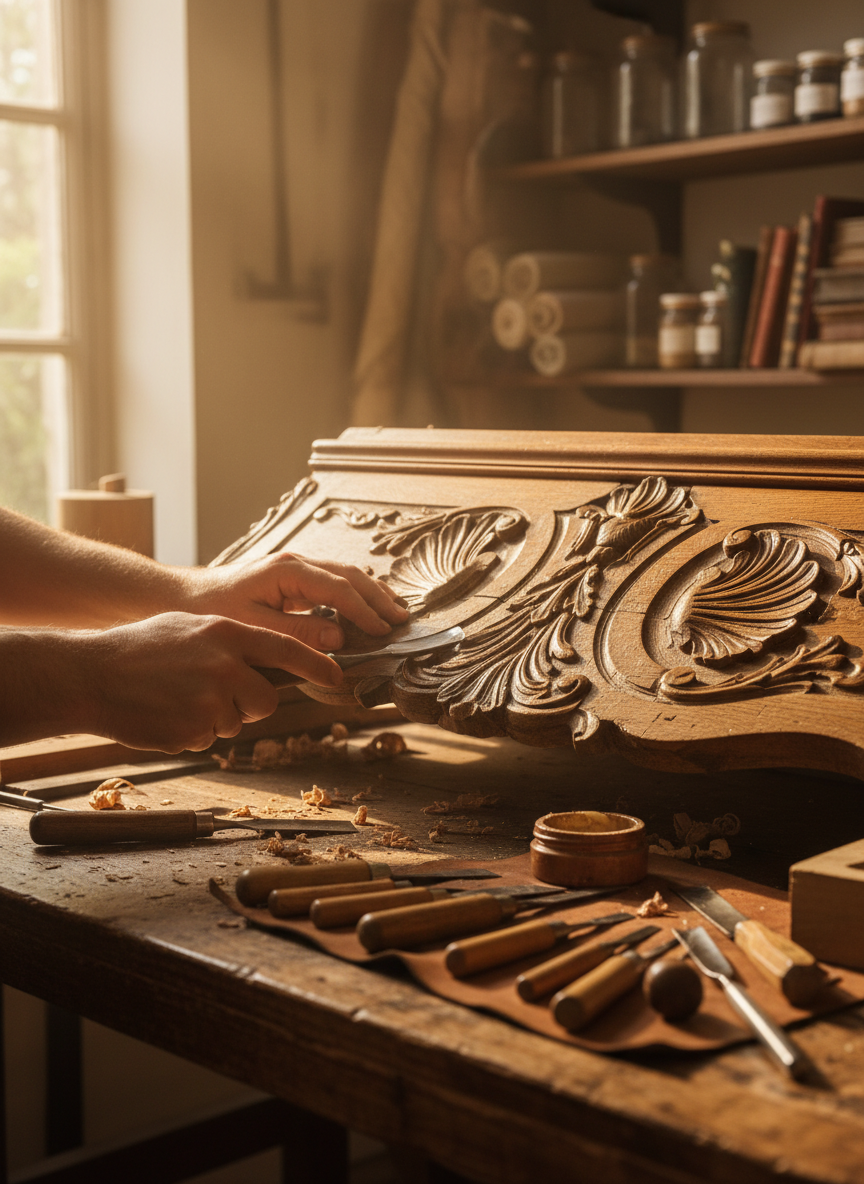 A cozy restoration workshop scene focusing on a close-up of hands restoring an ornate antique furniture piece on a workbench. Show detailed wood carving, tools, and warm, natural light. Do not show any faces or heads – only arms/hands and the piece itself. High-end, artisanal, elegant feel.